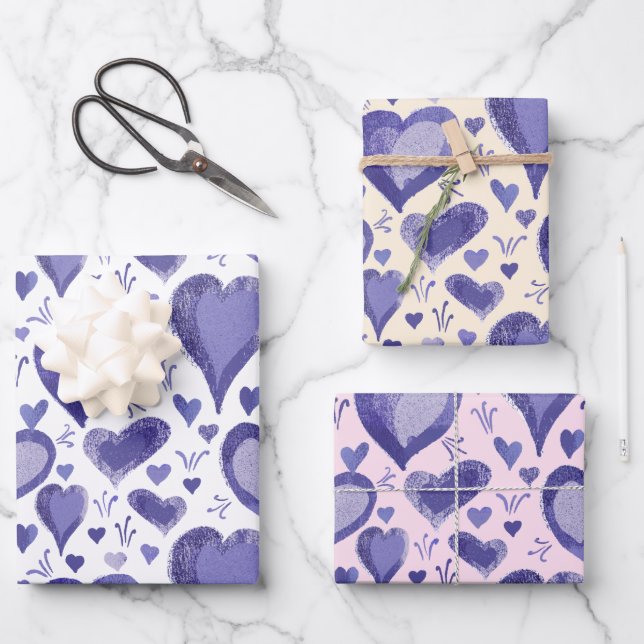 Very Peri Hearts Pattern Drawing Valentine`s Day Wrapping Paper Sheet (Front)