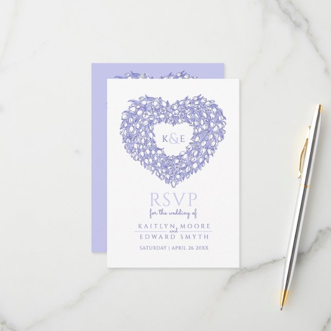 Very Peri monogram tulip flower heart RSVP wedding (Front/Back In Situ)