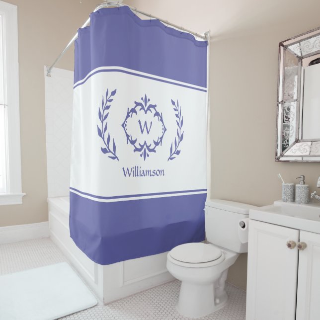 Very Peri Periwinkle Blue Monogrammed Name Initial Shower Curtain (In Situ)