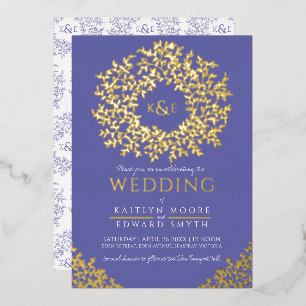 Very peri wedding wreath leaves foil invitation