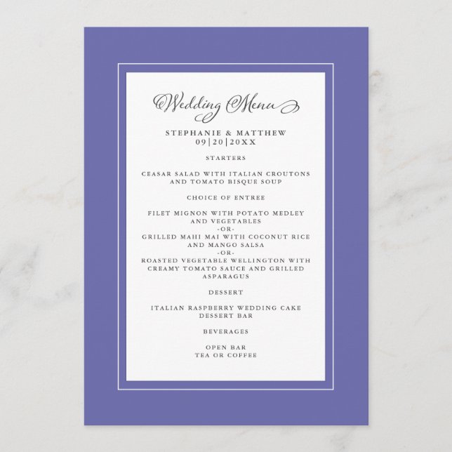 Very Peri & White Wedding Modern Chic Elegant Menu (Front)
