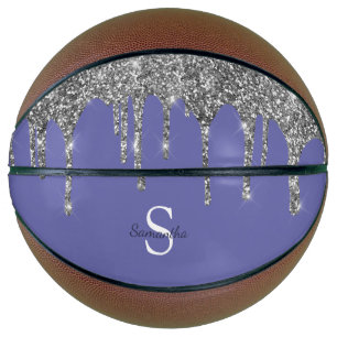 Very Periwinkle Silver Glitter Drips Monogram Name Basketball