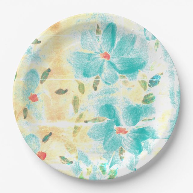 Very Pretty Turquoise Flowered Wedding Day Paper Plate (Front)