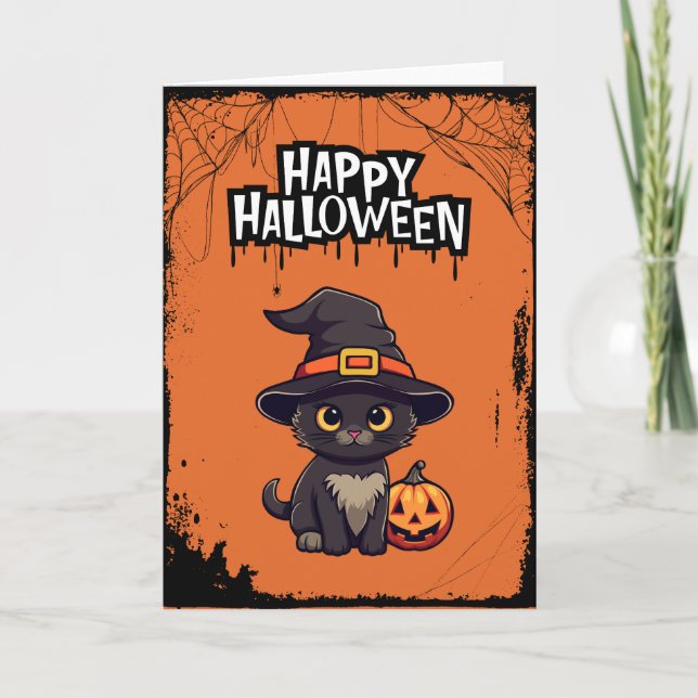 Very Scary Black Cat With Pumpkin Jack O Lantern  Card (Front)