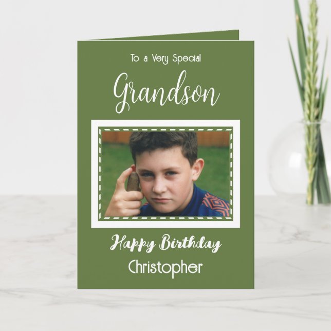 Very special Grandson photo green birthday Card (Front)