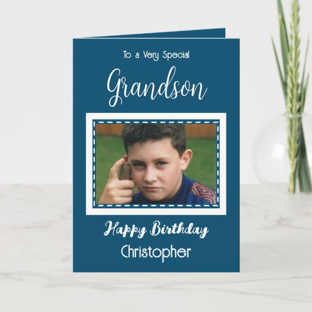 Very special Grandson photo ocean blue birthday Card (Front)