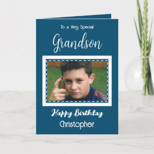 Very special Grandson photo ocean blue birthday Card
