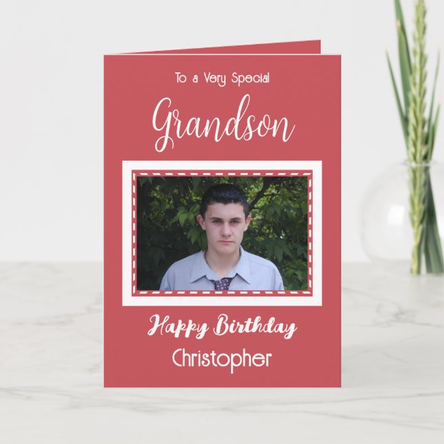 Very special Grandson photo red birthday Card (Front)