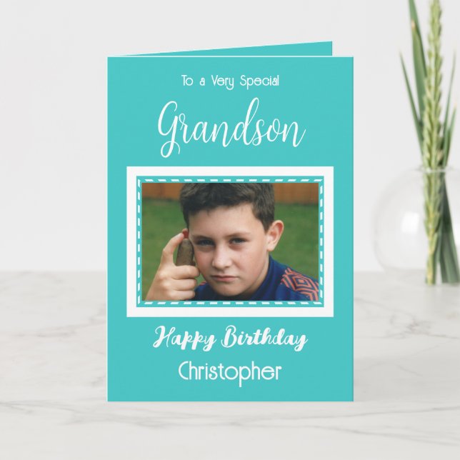 Very special Grandson photo turquoise birthday Card (Front)