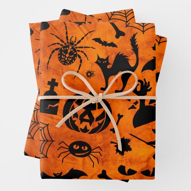 Very Spooky Halloween Witch, Black Cat, Pumpkin  Wrapping Paper Sheet (In situ)