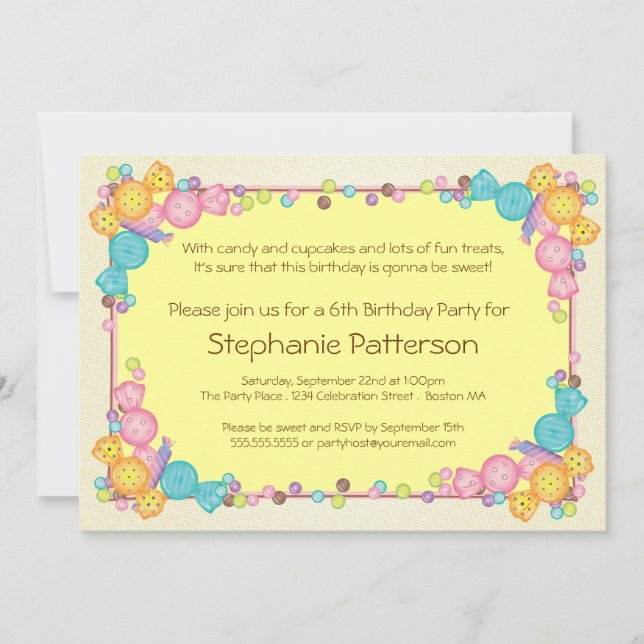 Very Sweet Candy Themed Child Birthday Party Invitation (Front)