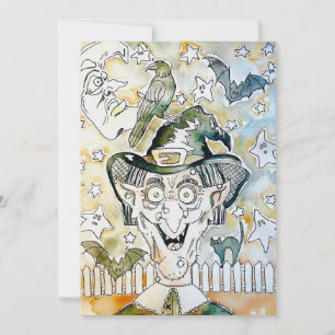 very unique Halloween witch art w/ crow & bats Holiday Card