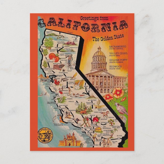 Very Vintage Calfornia Map  Postcard (Front)