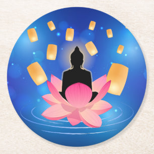 Vesak Day Buddha on Lotus Lantern Vaisakha Round Paper Coaster
