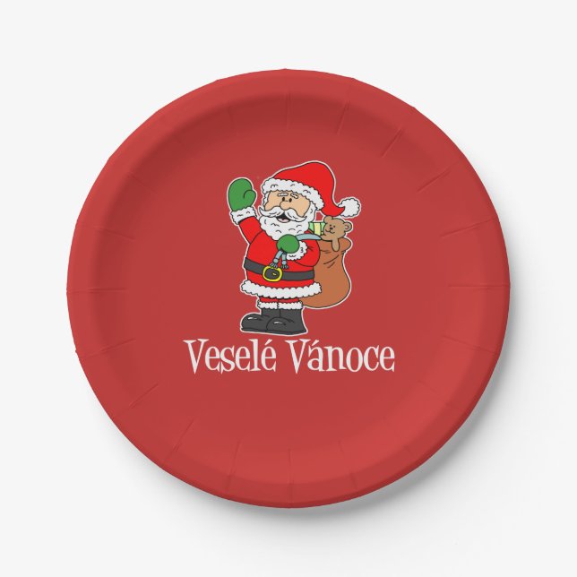 Vesele Vanoce Czech Christmas Santa (RED) Paper Plate (Front)