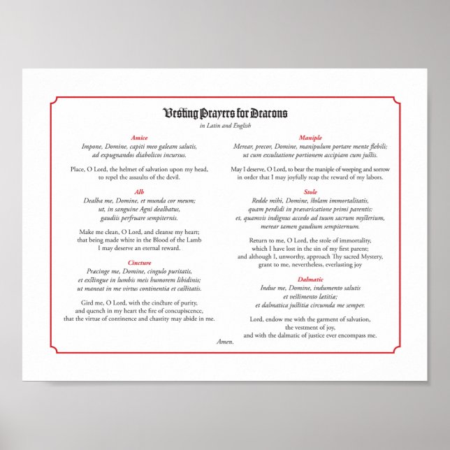 Vesting Prayers for Deacons in Latin and English Poster (Front)