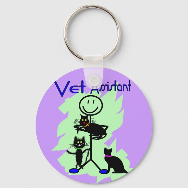 Vet Assistant Stick Person With Black Cats Key Ring (Front)