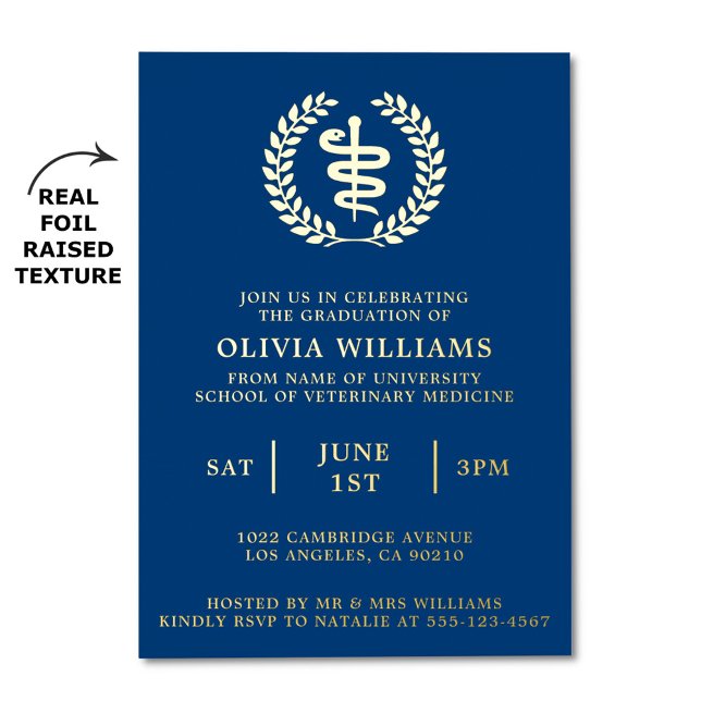 Vet School Navy And Gold Graduation Party  (Vet school graduation party invitation with real foil raised texture)