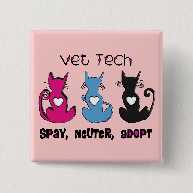 Vet Tech SPAY NEUTER ADOPT Black Cats Design 15 Cm Square Badge (Front)