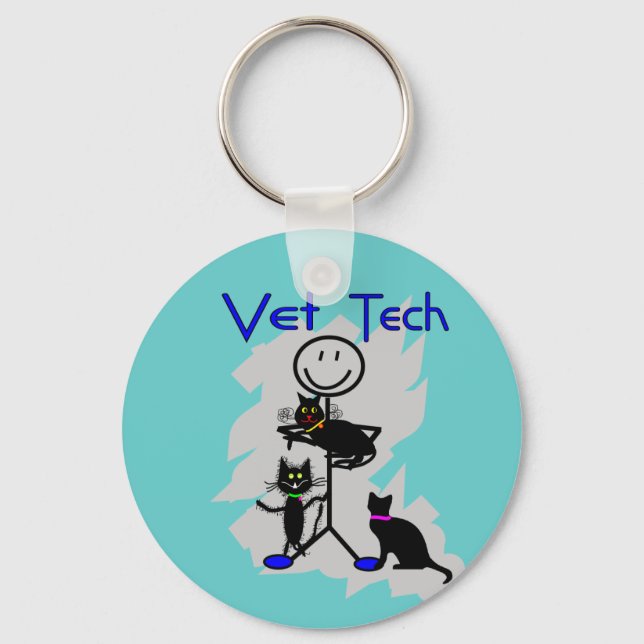 Vet Tech Stick Person With Black Cats Key Ring (Front)