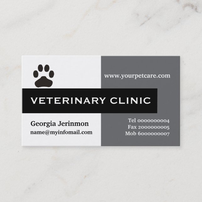 Vet/Veterinary Clinic, paw black grey eye-catching Business Card (Front)