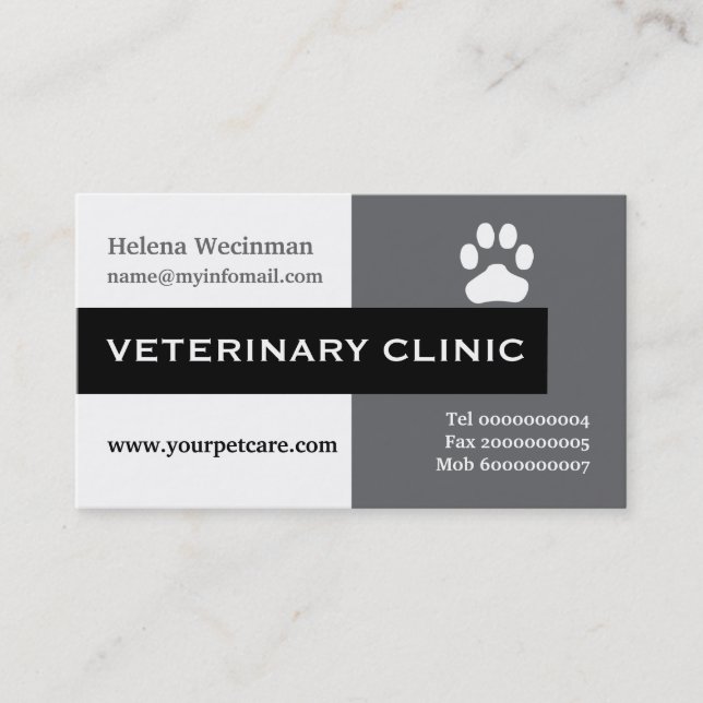 Vet/Veterinary Clinic, paw grey, black Business Card (Front)
