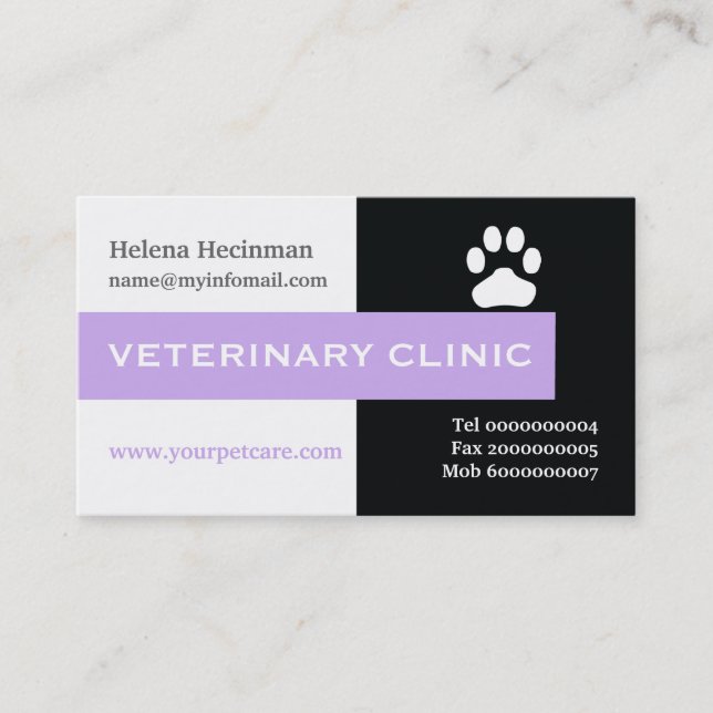Vet/Veterinary Clinic, paw lavender eye-catching Business Card (Front)