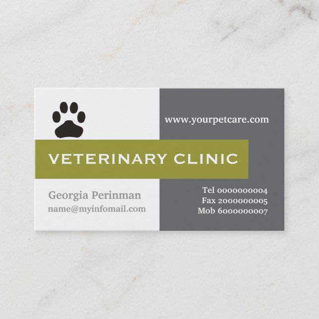 Vet/Veterinary Clinic paw olive green eye-catching Business Card (Front)