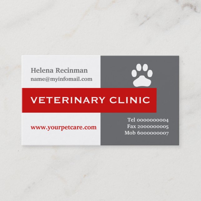 Vet/Veterinary Clinic, paw red eye-catching Business Card (Front)