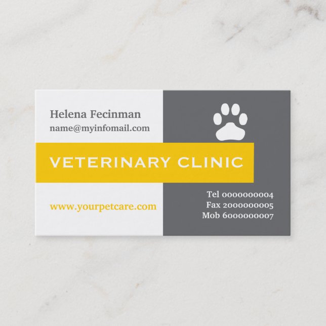 Vet/Veterinary Clinic, paw yellow eye-catching Business Card (Front)
