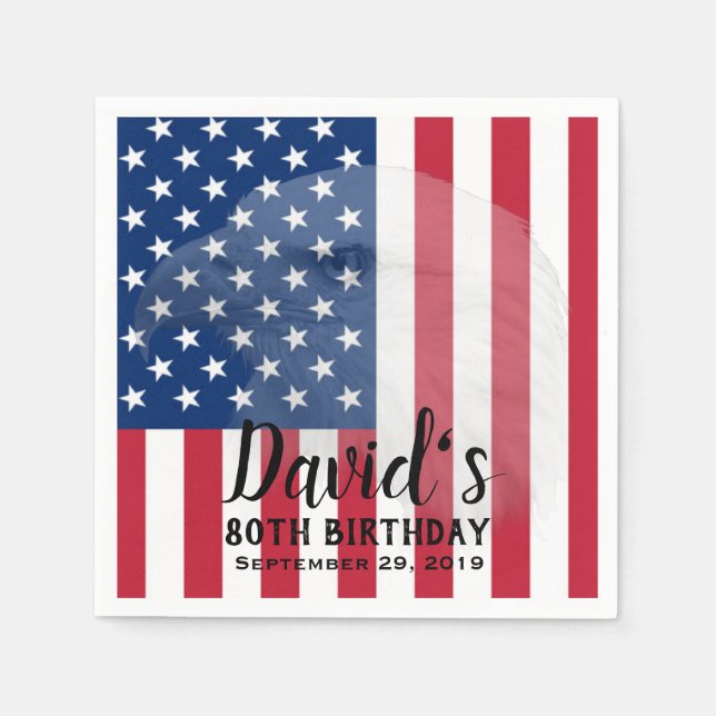 Veteran Bald Eagle & American Flag 80th Birthday Napkin (Front)