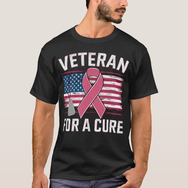 Veteran For A Cure Pink Ribbon Breast Cancer Gift T-Shirt (Front)