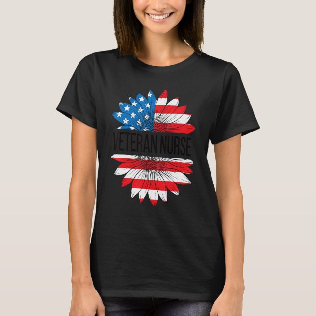 Veteran Nurse Sunflower US Flag Veteran Nursing T-Shirt (Front)