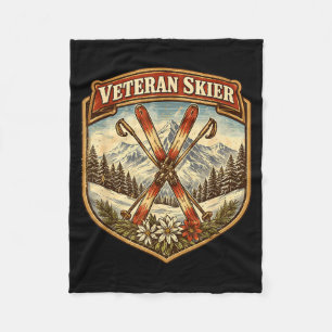 Veteran skier vintage skis old woman skiing fleece blanket