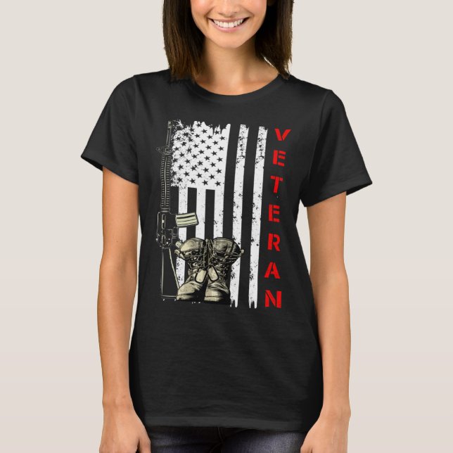Veteran USA Flag Gun and Combat Boots  US Veteran T-Shirt (Front)