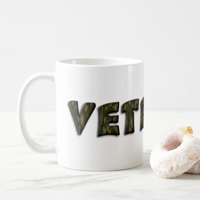 Veteran Woodland Camouflage Typography Coffee Mug (With Donut)
