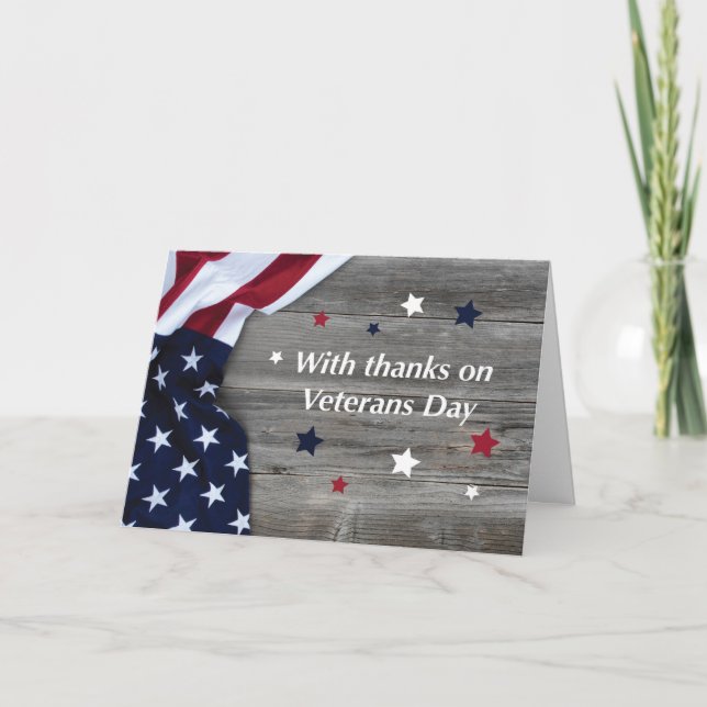 Veterans Day American Flag on Wood with Stars Card (Front)