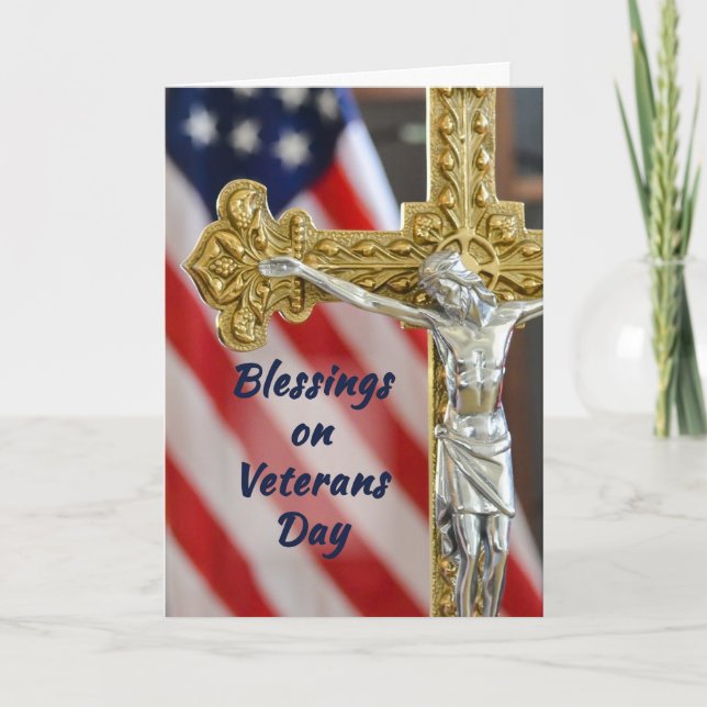 Veterans Day Religious Patriotic Cross and Flag Card (Front)