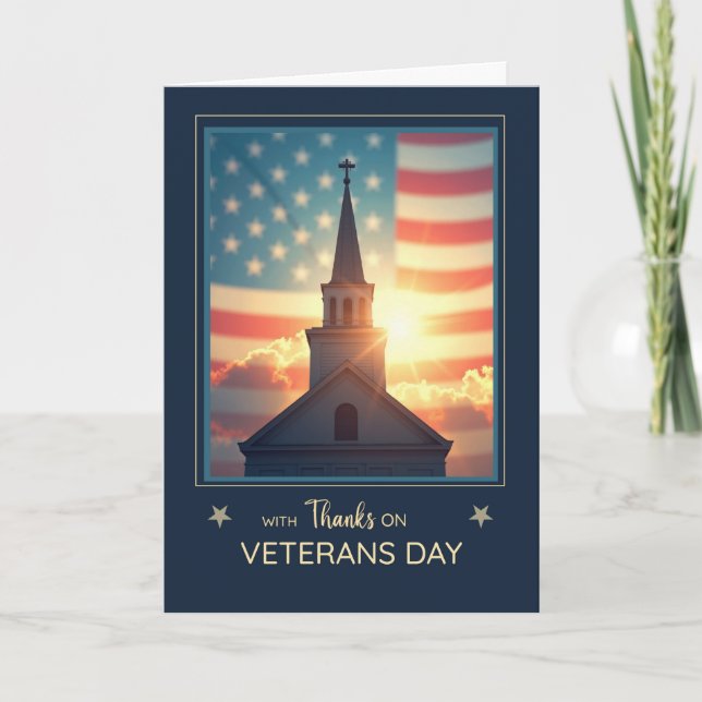 Veterans Day Religious Thanks Church Steeple Flag Card (Front)