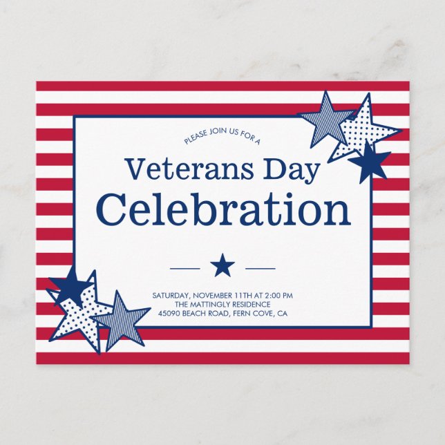 Veterans Day Stars Stripes Modern Patriotic Party  Invitation Postcard (Front)