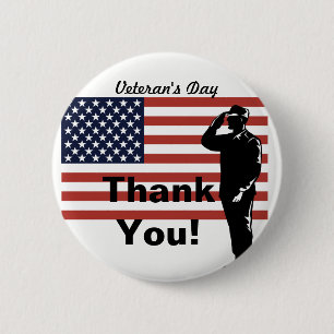 Veteran's Day Thank You! Soldier Saluting Flag 6 Cm Round Badge
