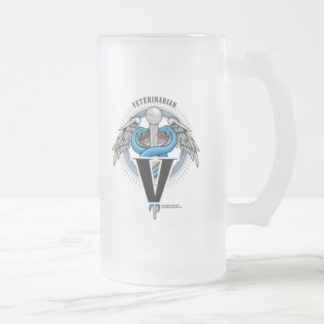 Veterinarian Caduceus Frosted Glass Beer Mug (Right)