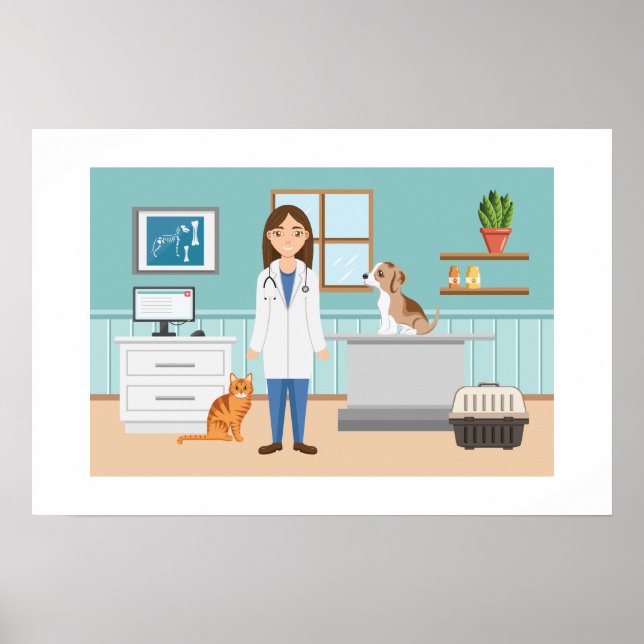 Veterinarian Clinic Vet Woman With Cat And Puppy Poster (Front)
