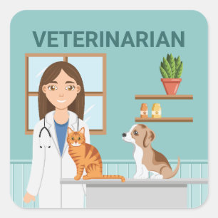 Veterinarian Clinic Vet Woman With Cat And Puppy Square Sticker