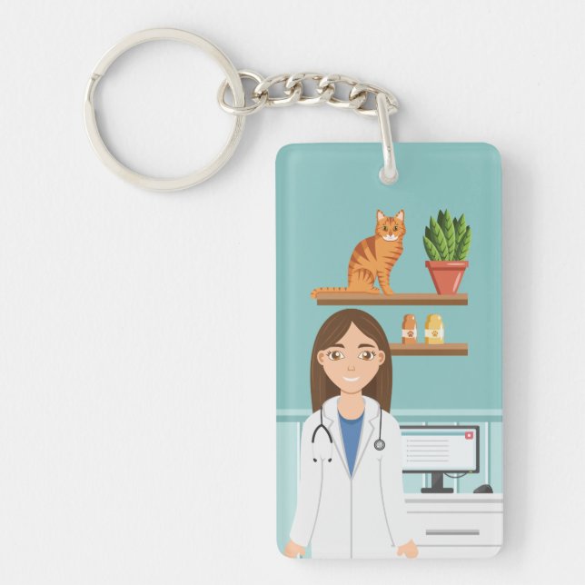 Veterinarian Clinic Vet Woman With Orange Cat Key Ring (Front)
