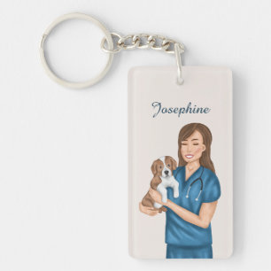 Veterinarian Doctor Vet Holding Puppy Custom Name Key Ring