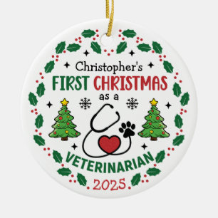 Veterinarian First Christmas Personalized Round Ceramic Tree Decoration