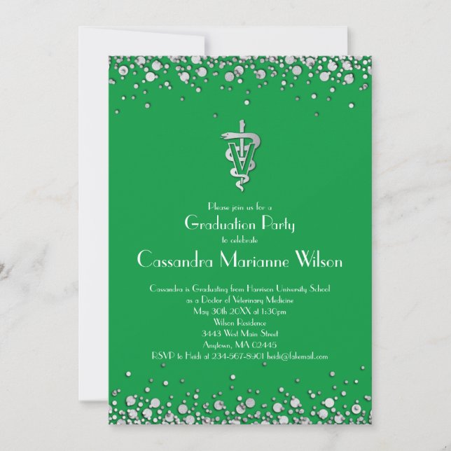 Veterinarian Graduation Green Silver Invitation (Front)