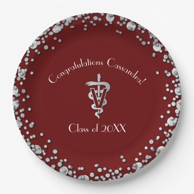 Veterinarian Graduation Maroon Silver Paper Plate (Front)