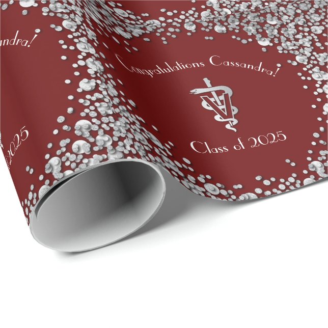 Veterinarian Graduation Maroon Silver Wrapping Paper (Roll Corner)